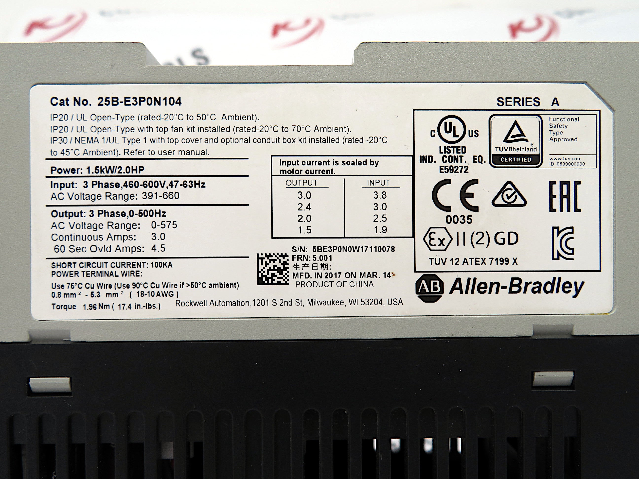 Allen-Bradley PowerFlex 525 AC Drive 25B-E3P0N104 AC Drive 600 VAC 1.5KW/2.0 HP