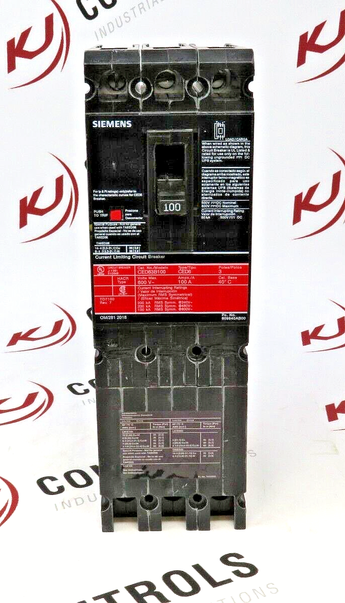 Siemens Sentron CED63B100 100A 3-Pole 600V Molded Case Circuit Breaker