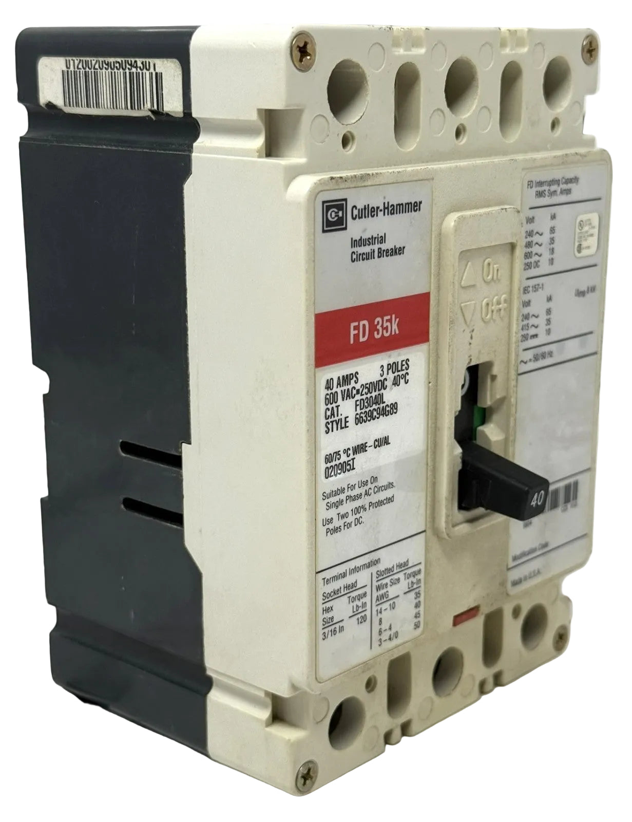 Cutler-Hammer FD3040L 3-Pole 40A Molded Case Circuit Breaker (See Photos)1