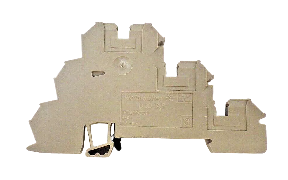 A beige Weidmüller DLD 2.5 DB Terminal Block, showing the front view with branding and technical information.