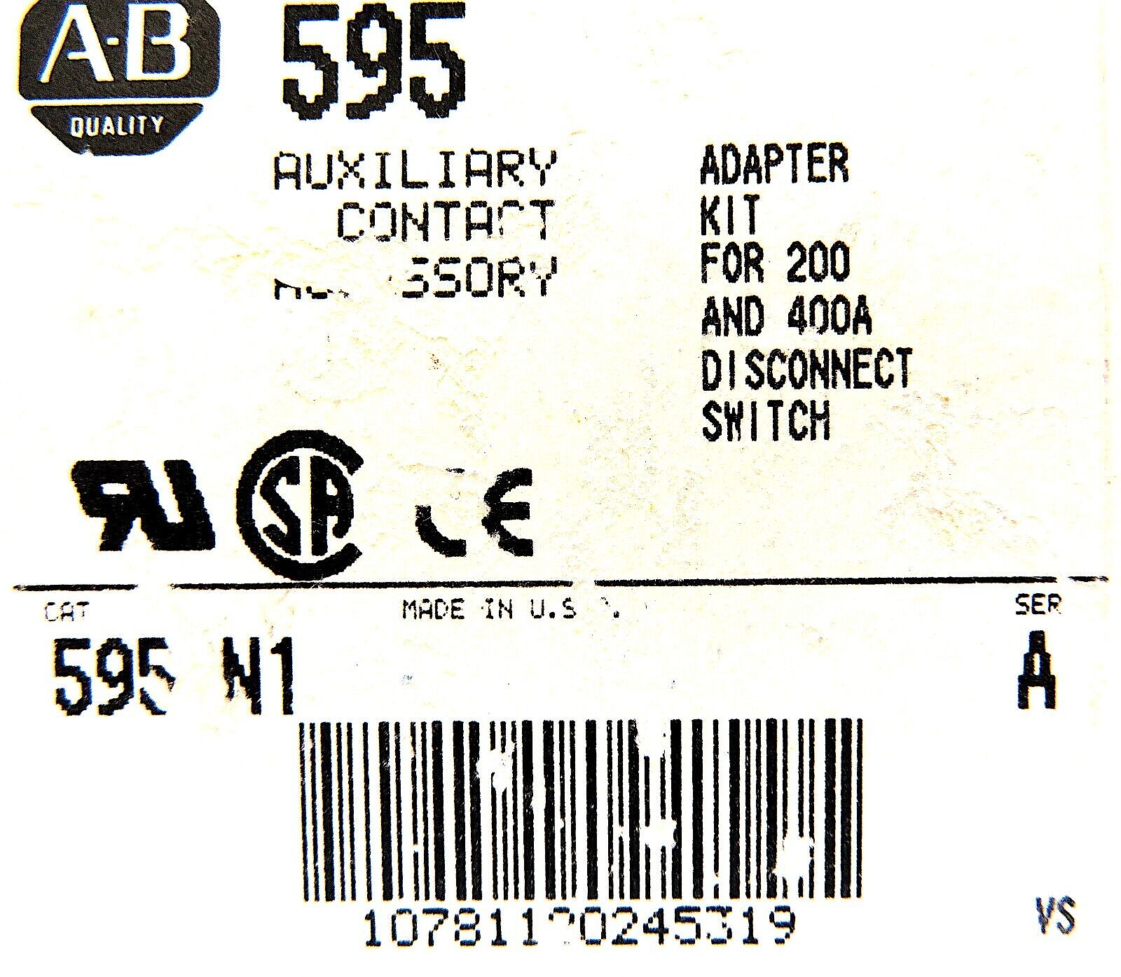 Allen-Bradley 595-N1 Adapter Kit for 200A & 400A Disconnect Switches Aux Contact