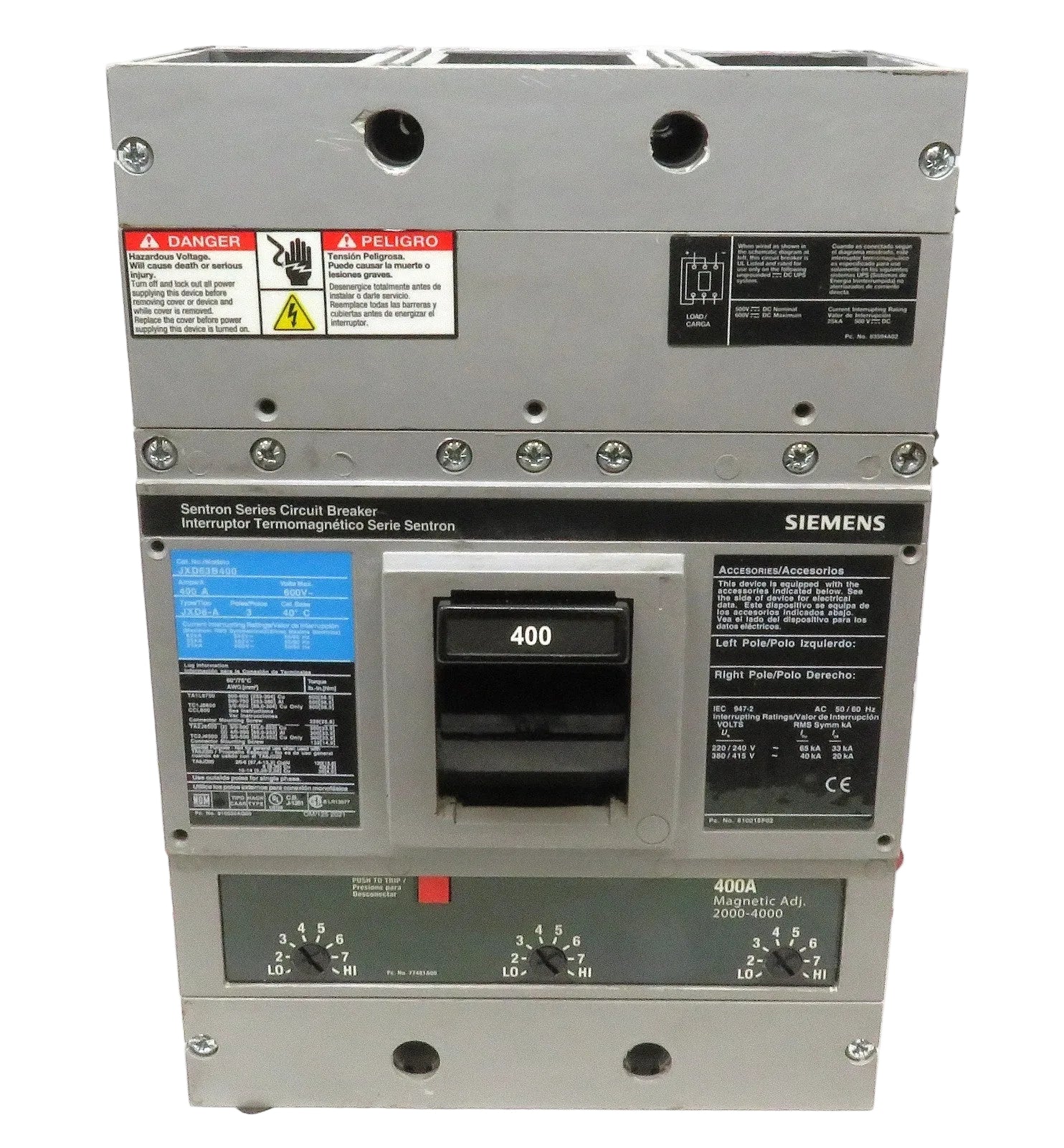 Siemens JXD63B400 Sentron 3-Pole 400A 600V 35kA Molded Case Circuit Breaker0