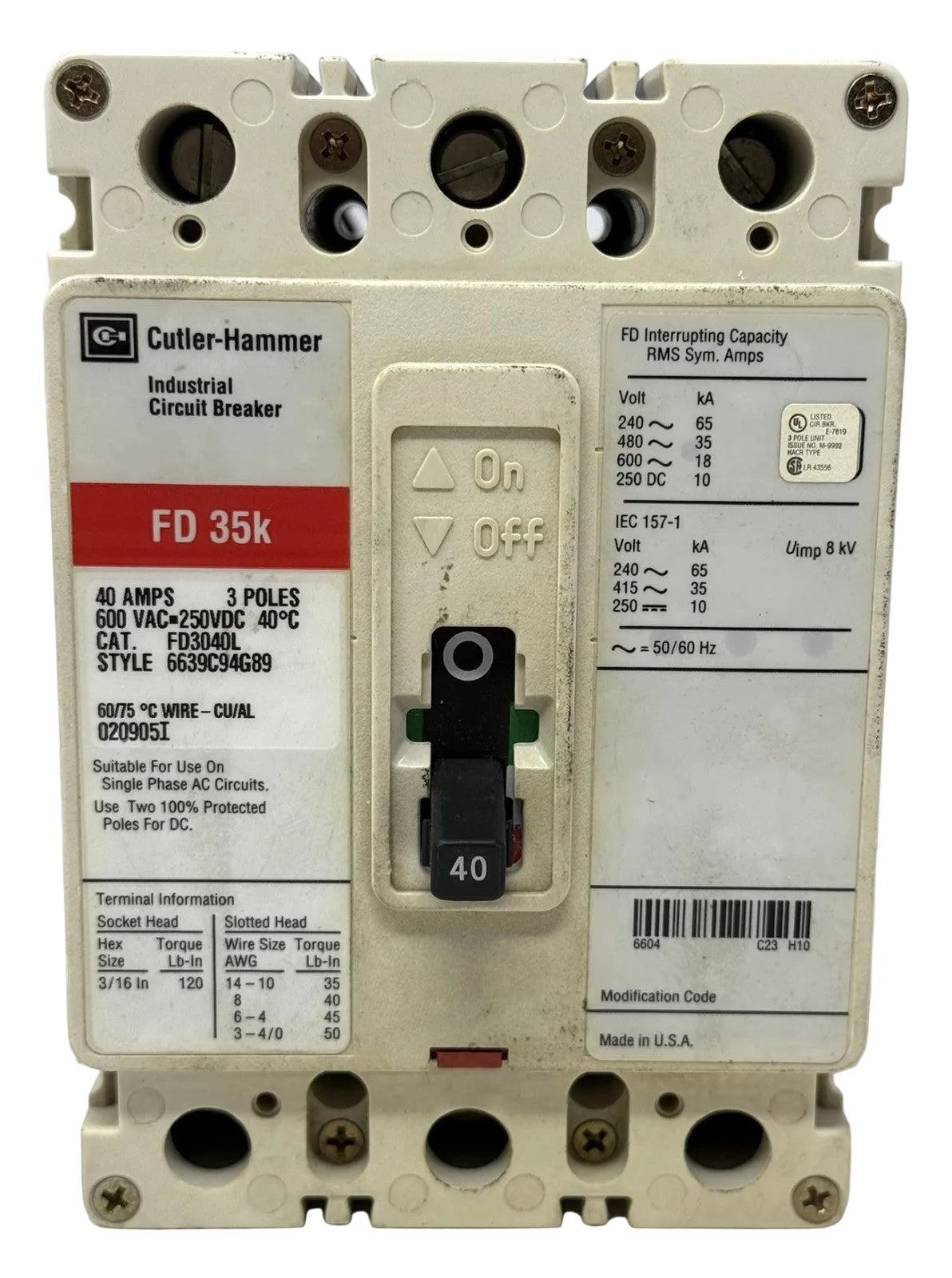 Cutler-Hammer FD3040L 3-Pole 40A Molded Case Circuit Breaker (See Photos)0