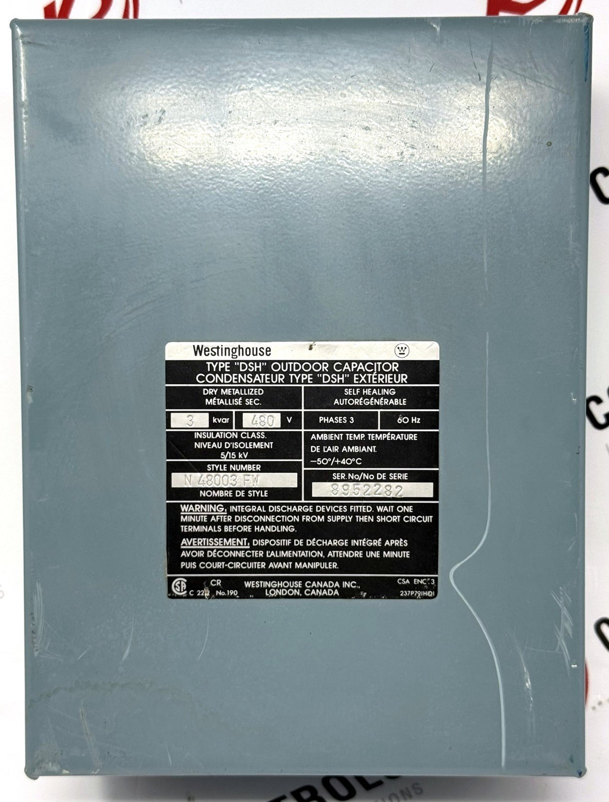 Westinghouse N48003FW 3-Phase Outdoor Capacitor 3kVAR 480V 60Hz0