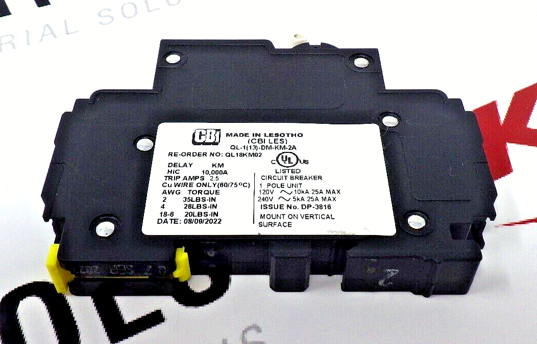 CBI QL18KM02 2A 1-Pole Circuit Breaker, 120/240V AC, KM Curve, Dual Mount