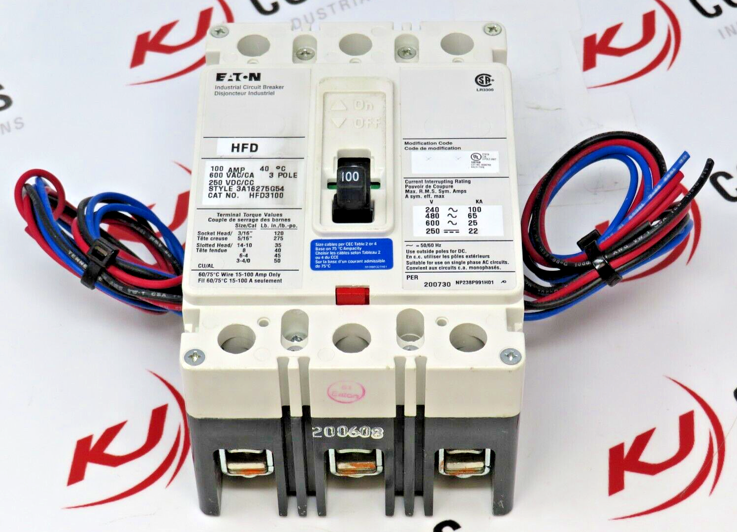 Eaton HFD3100 Circuit Breaker 100A 3-Pole 600VAC With AAL1LPK Aux. Switch/Alarm