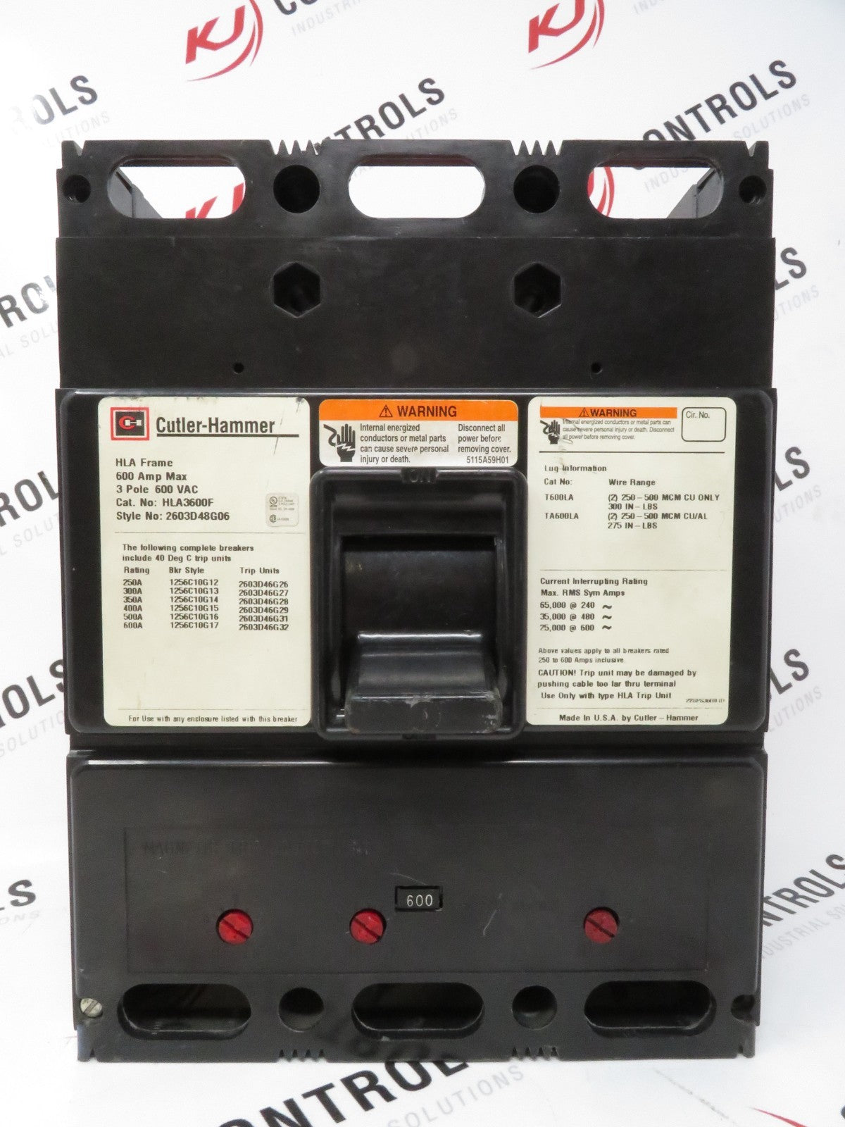 Eaton Cutler-Hammer HLA3600F 600A 3P 600V Circuit Breaker HLA Frame 2603D48G060