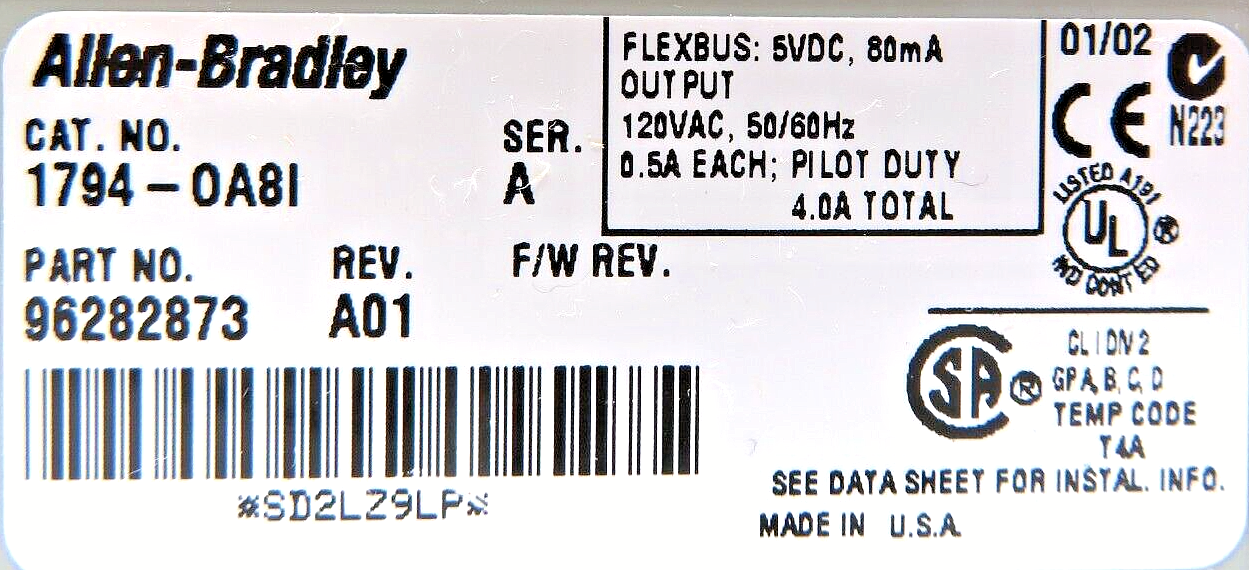 Allen-Bradley 1794-OA8I Flex I/O 4A 120VAC 8-Point Digital Output Module