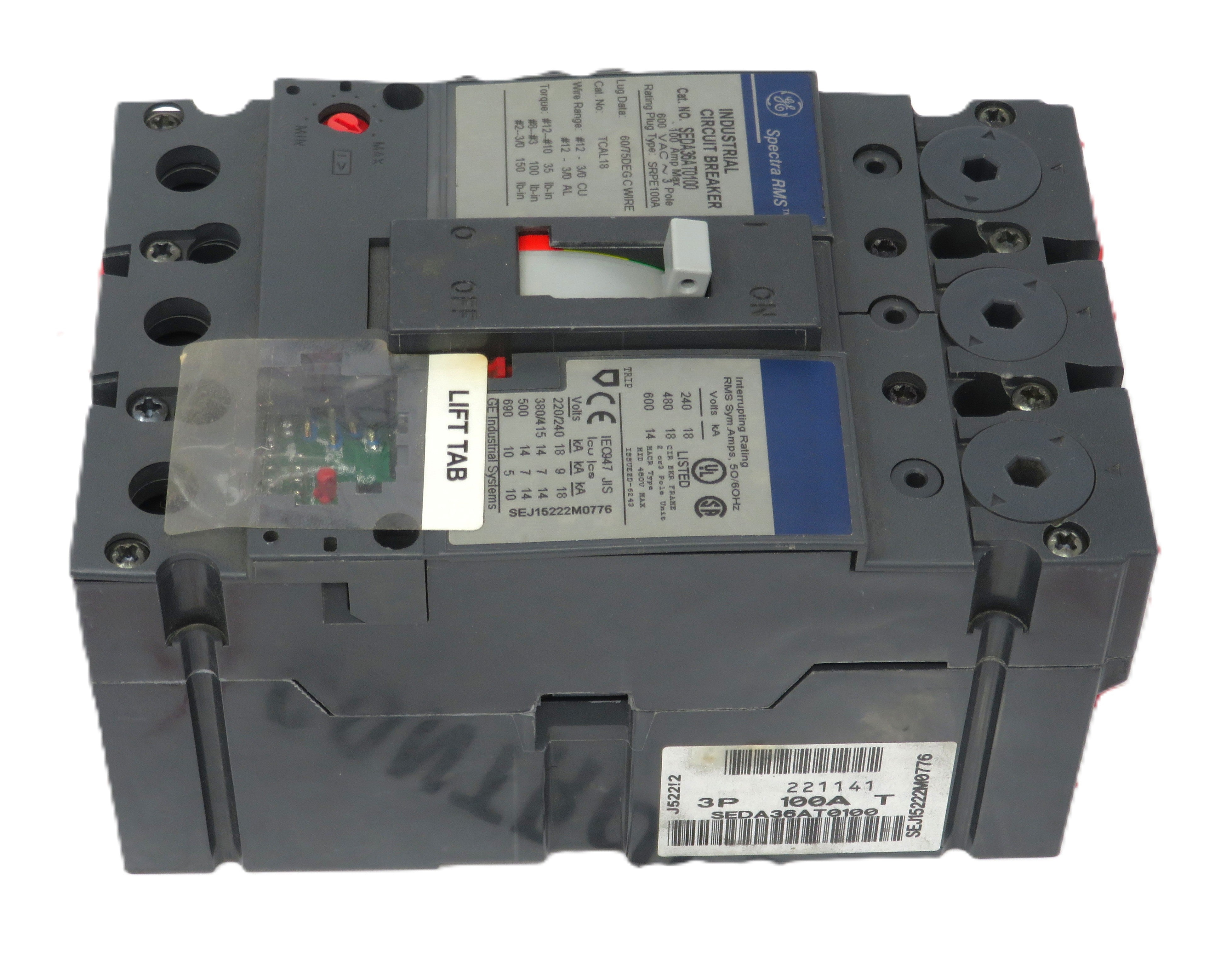 G.E. Spectra RMS SEDA36AT0100 3-Pole Molded Case Circuit Breaker 100A