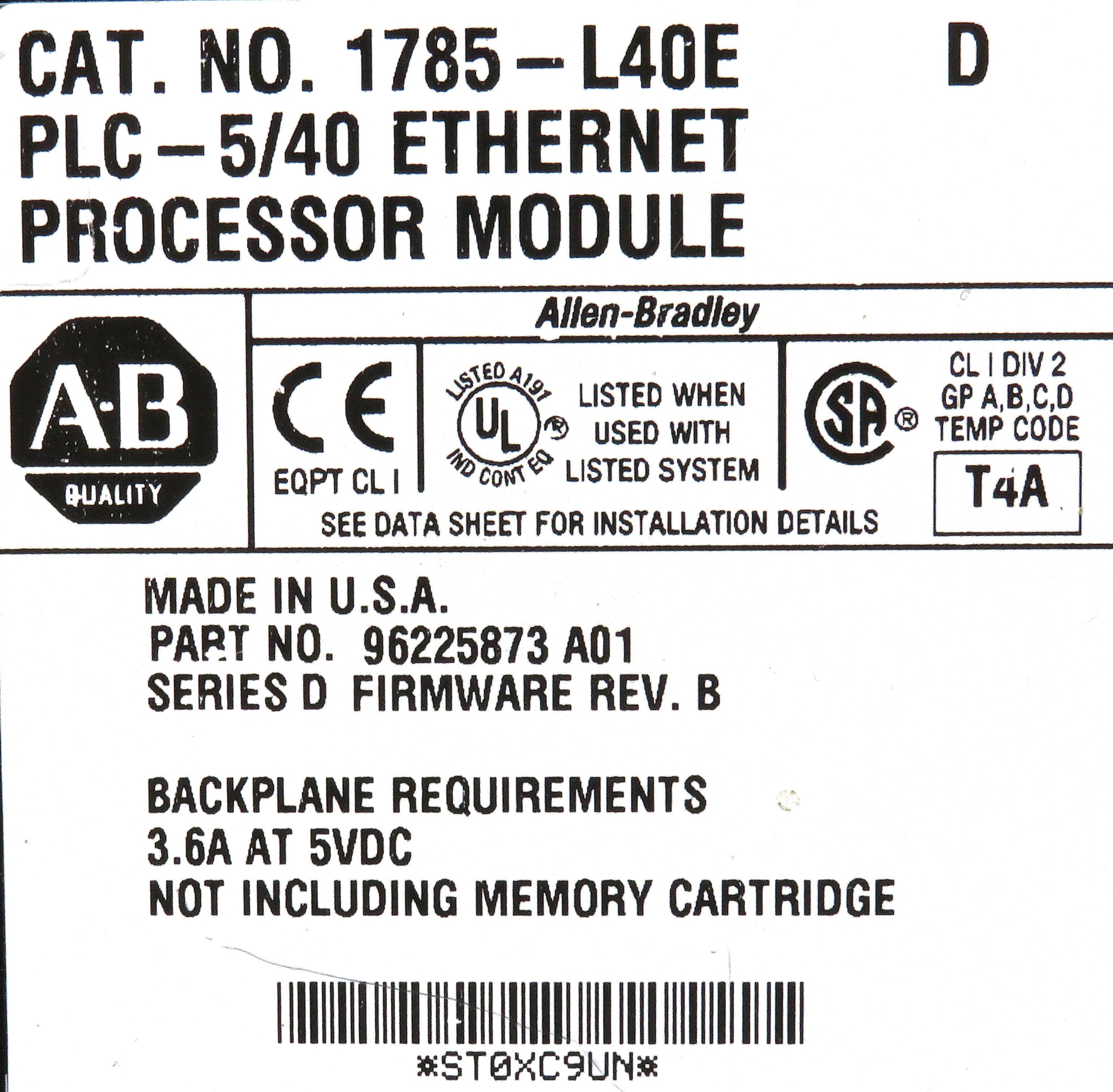Allen-Bradley 1785-L40E PLC-5/40 Processor 48K Word SRAM