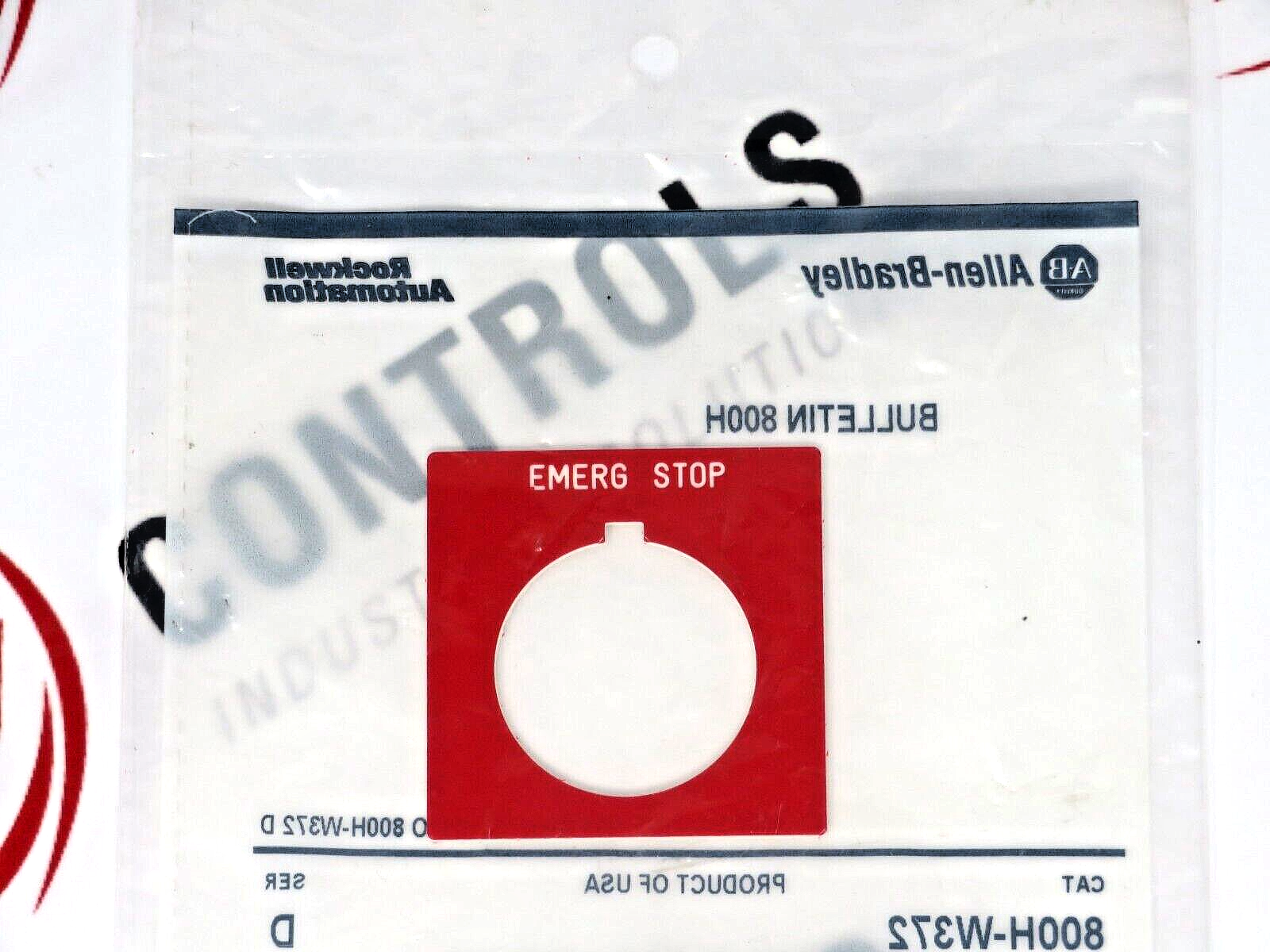 Allen-Bradley 800H-W372 Red Legend Plate "Emerg Stop" for 30mm Push Button