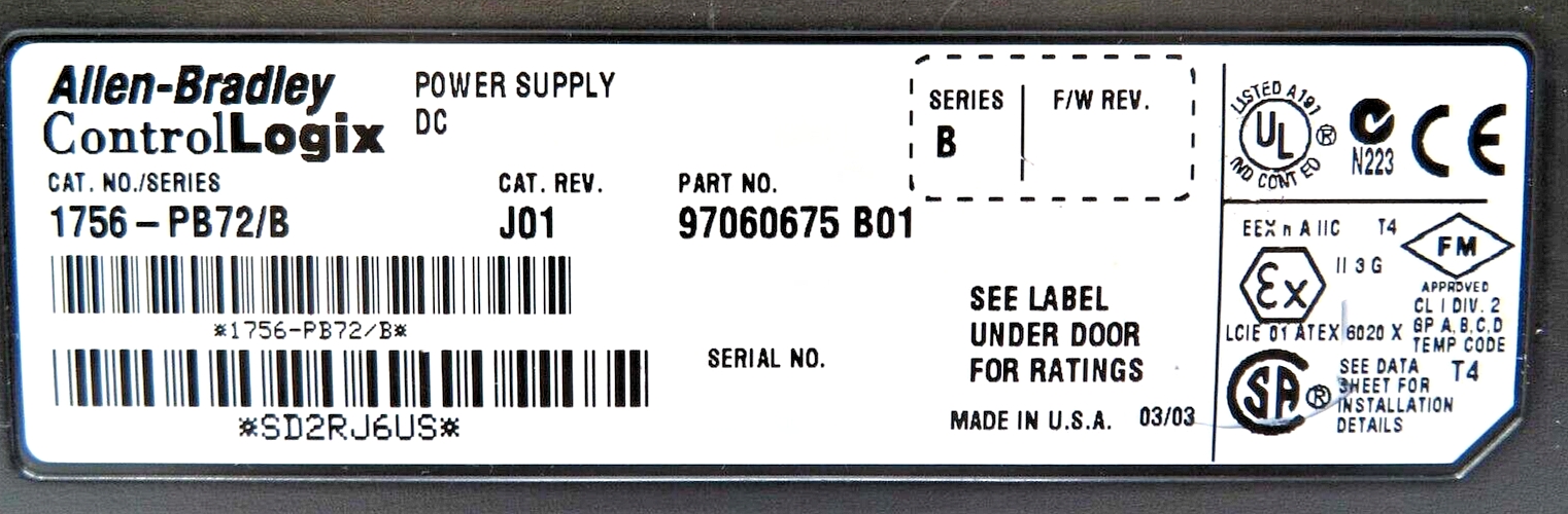 Allen-Bradley ControlLogix 1756-PB72 24V Standard DC Power Supply