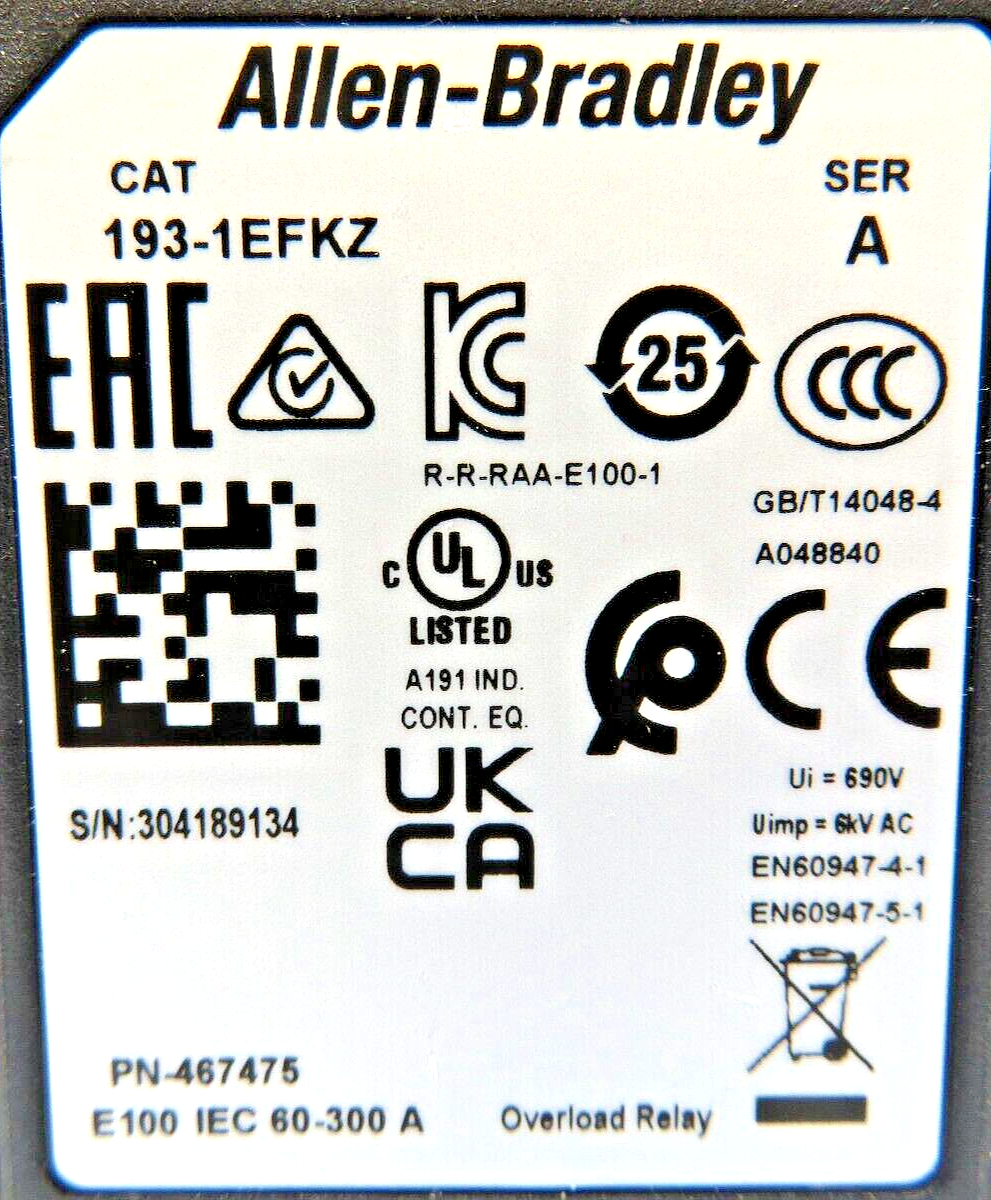 Allen-Bradley 193-1EFKZ E100 Overload Relay 60-300A 600V 50/60HZ