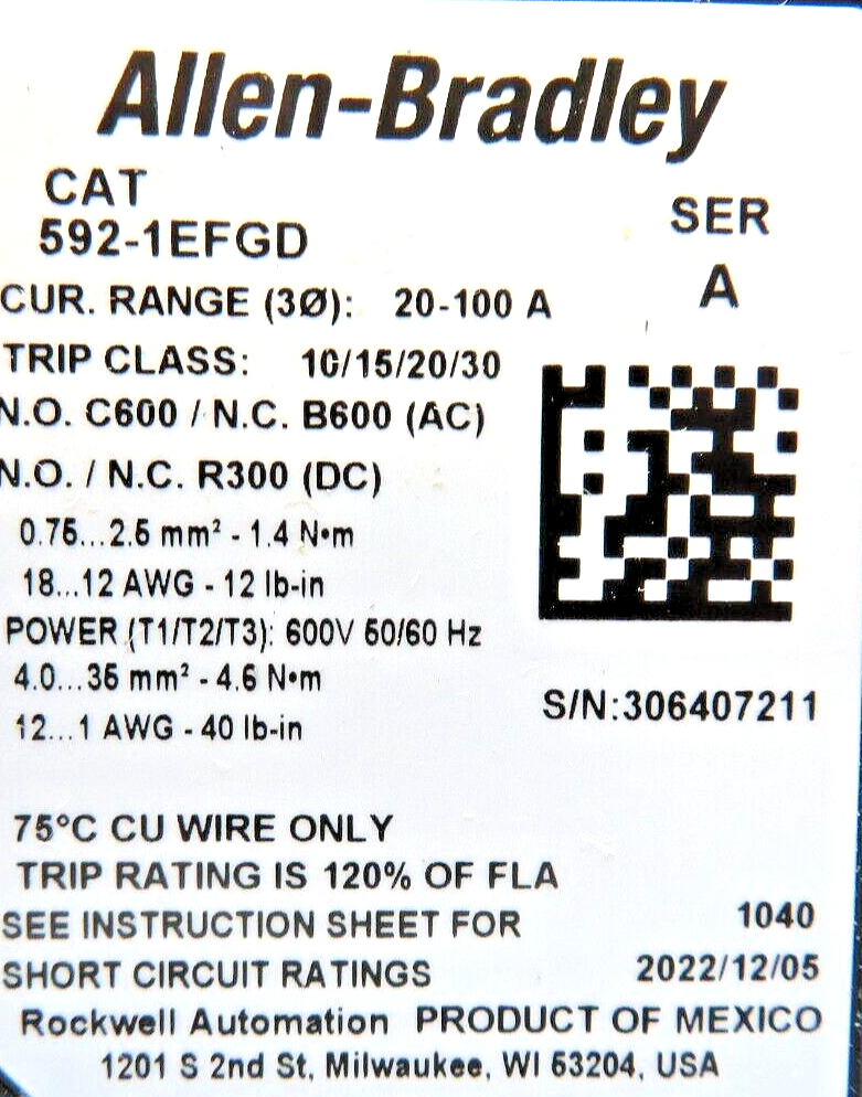 Allen-Bradley 592-1EFGD E100 Overload Relay 20-100A 600V 50/60HZ