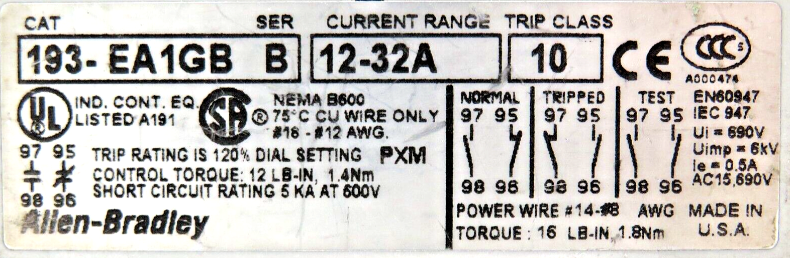 Allen-Bradley 193-EA1GB Solid-State Motor Protection Overload Relay 12-32 AMP