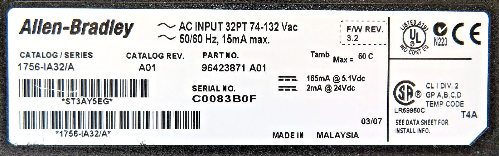 Allen-Bradley 1756-IA32 ControlLogix 32-Discrete Input Channels 120V AC Module