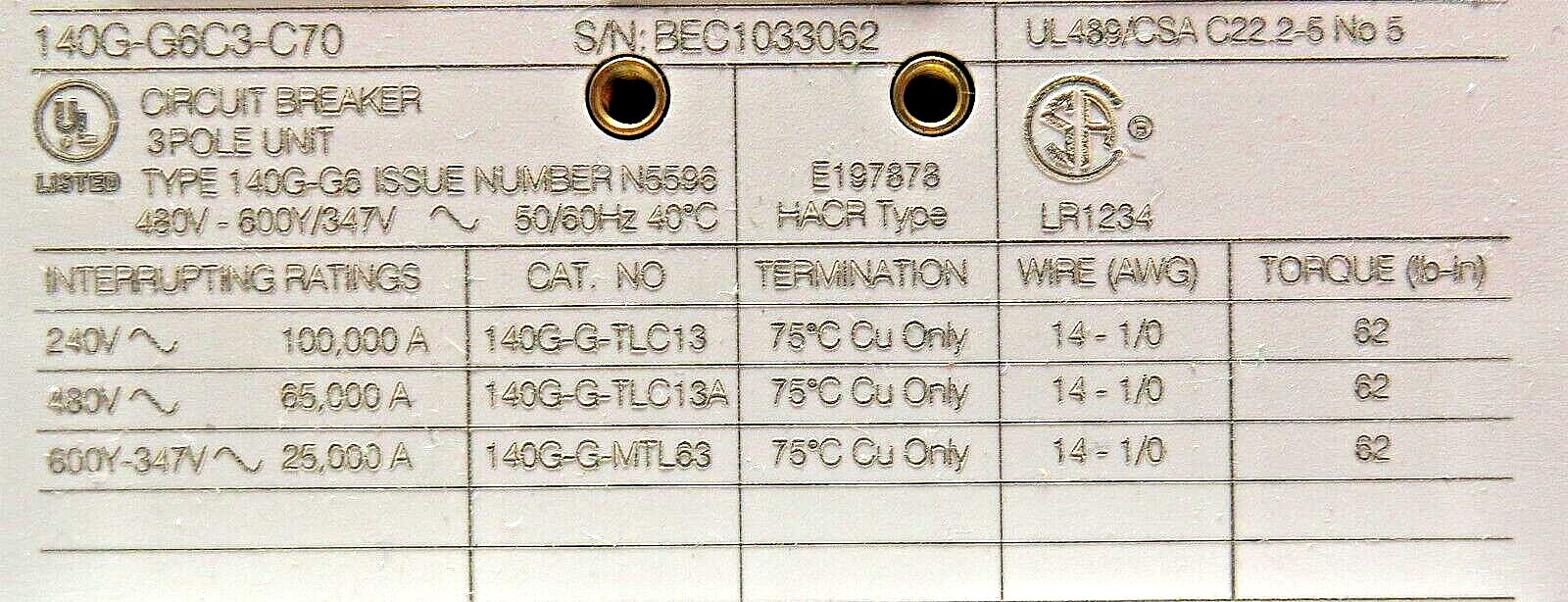 Allen-Bradley 140G-G6C3-C70 70 AMP 65 kA @ 480V Molded Circuit Breaker