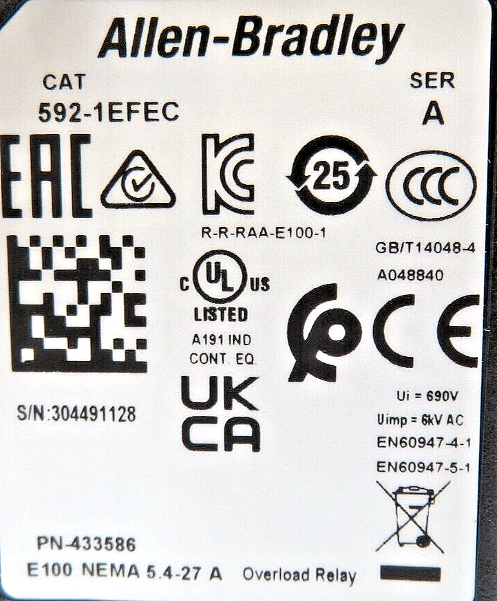 Allen-Bradley 592-1EFEC E100 Overload Relay 5.4-27A Trip Class 10/15/20/30 SER.A
