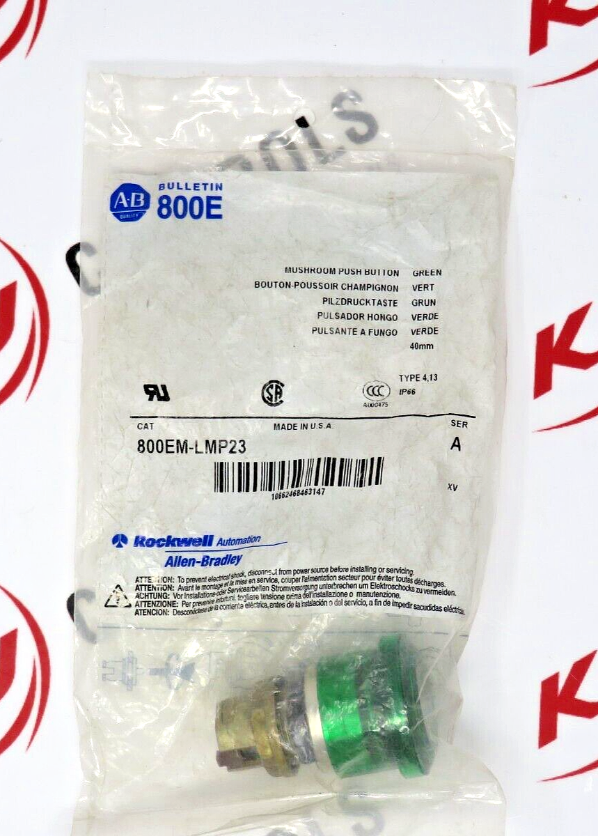 Allen-Bradley 800EM-LMP23 Mushroom Push Button Green ILLUM. 40MM Plastic Cap