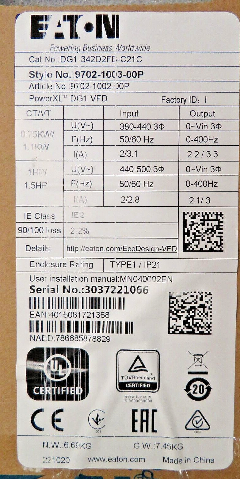 Eaton DG1-342D2FB-C21C Variable Frequency Drive 480VAC 1HP Max 2.2A NEMA1 3PH
