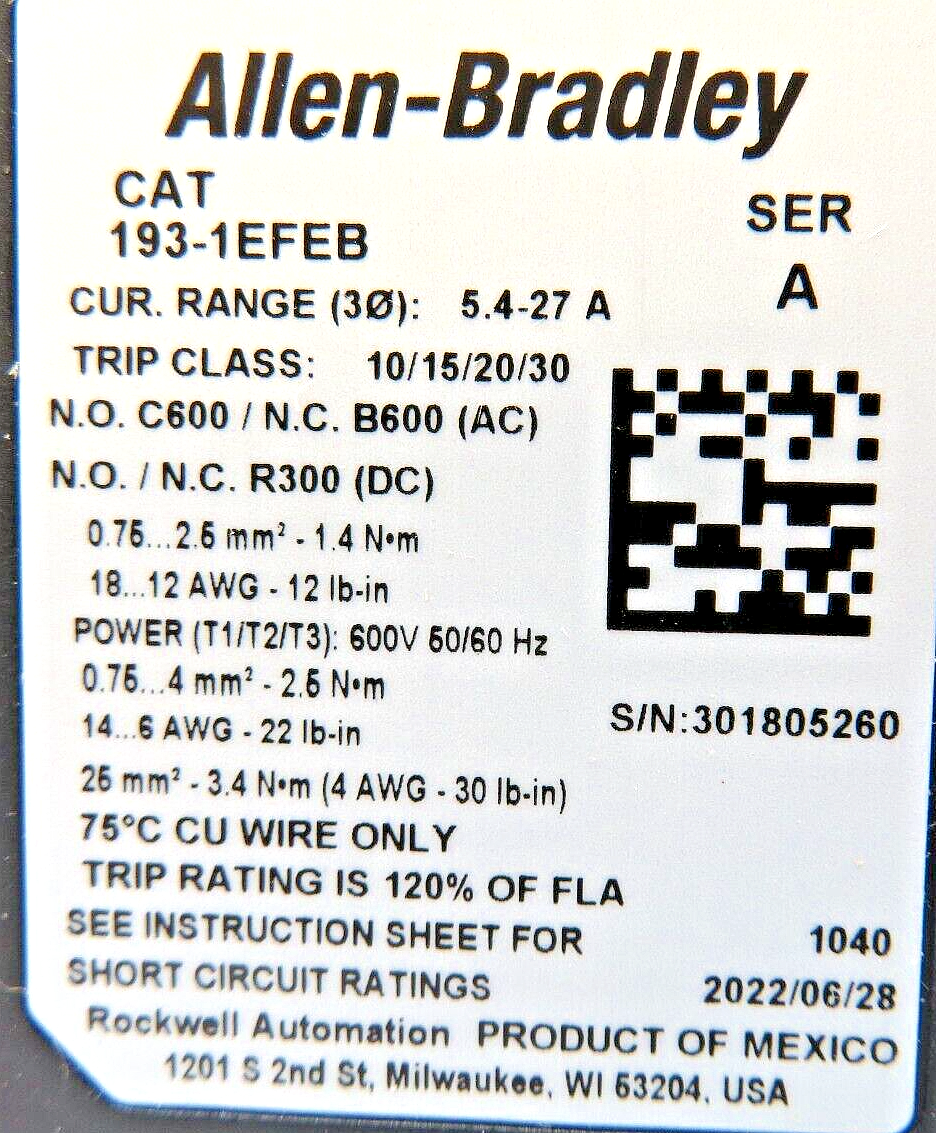 Allen-Bradley 193-1EFEB E100 Series Overload Relay 5.4-27.0A Manual/Auto Reset
