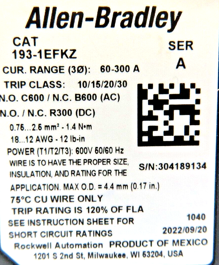 Allen-Bradley 193-1EFKZ E100 Overload Relay 60-300A 600V 50/60HZ
