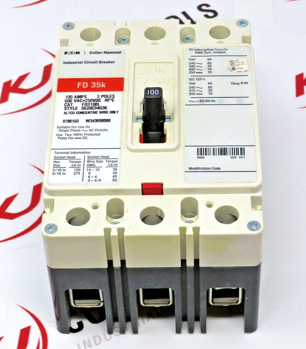 Cutler-Hammer FD3100L 100A 600VAC 3-Pole Thermal Magnetic IND. Circuit Breaker