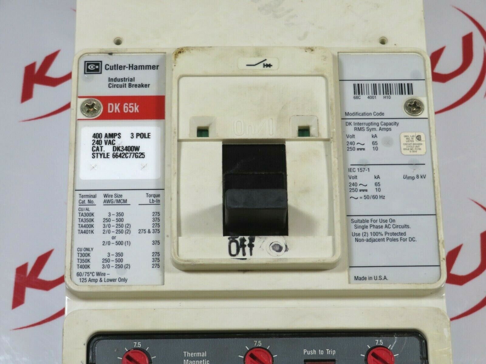 Eaton Cutler-Hammer DK3400W Circuit Breaker 400A 3-Pole 240VAC 250VDC