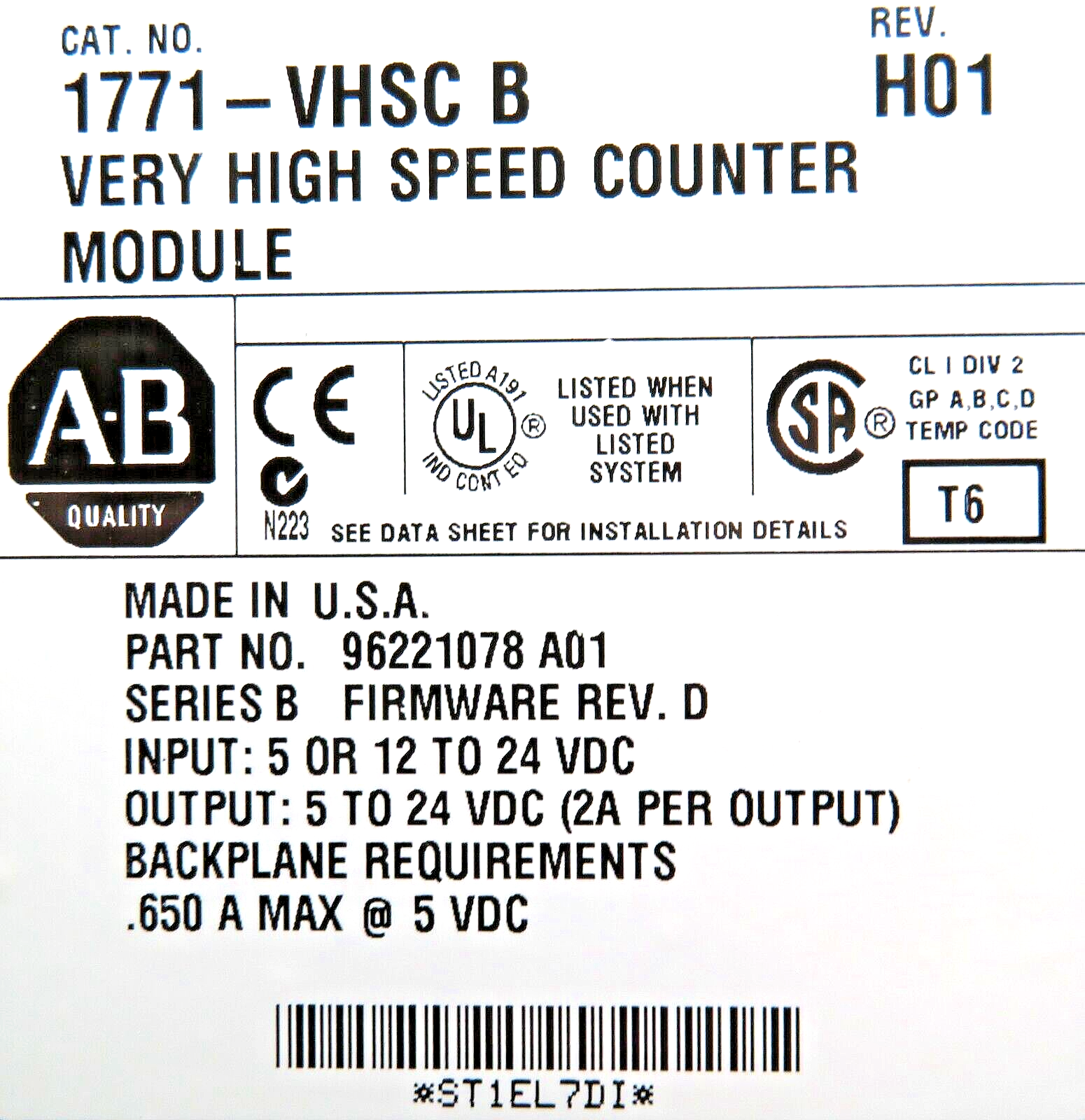 Allen-Bradley 1771-VHSC PLC-5 Series B Very High Speed Counter Module