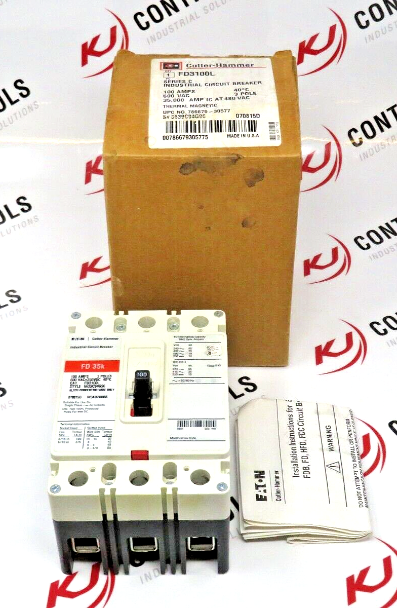 Cutler-Hammer FD3100L 100A 600VAC 3-Pole Thermal Magnetic IND. Circuit Breaker