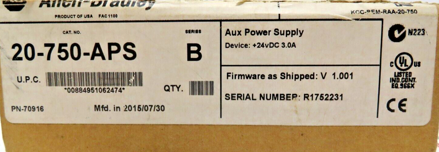 Allen-Bradley 20-750-APS Auxiliary Power Supply Module 24VDC 3A
