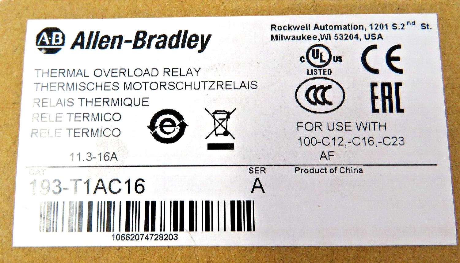 Allen-Bradley 193-T1AC16 Thermal Overload Relay 11.3 to 16.0 AMP Setting Range