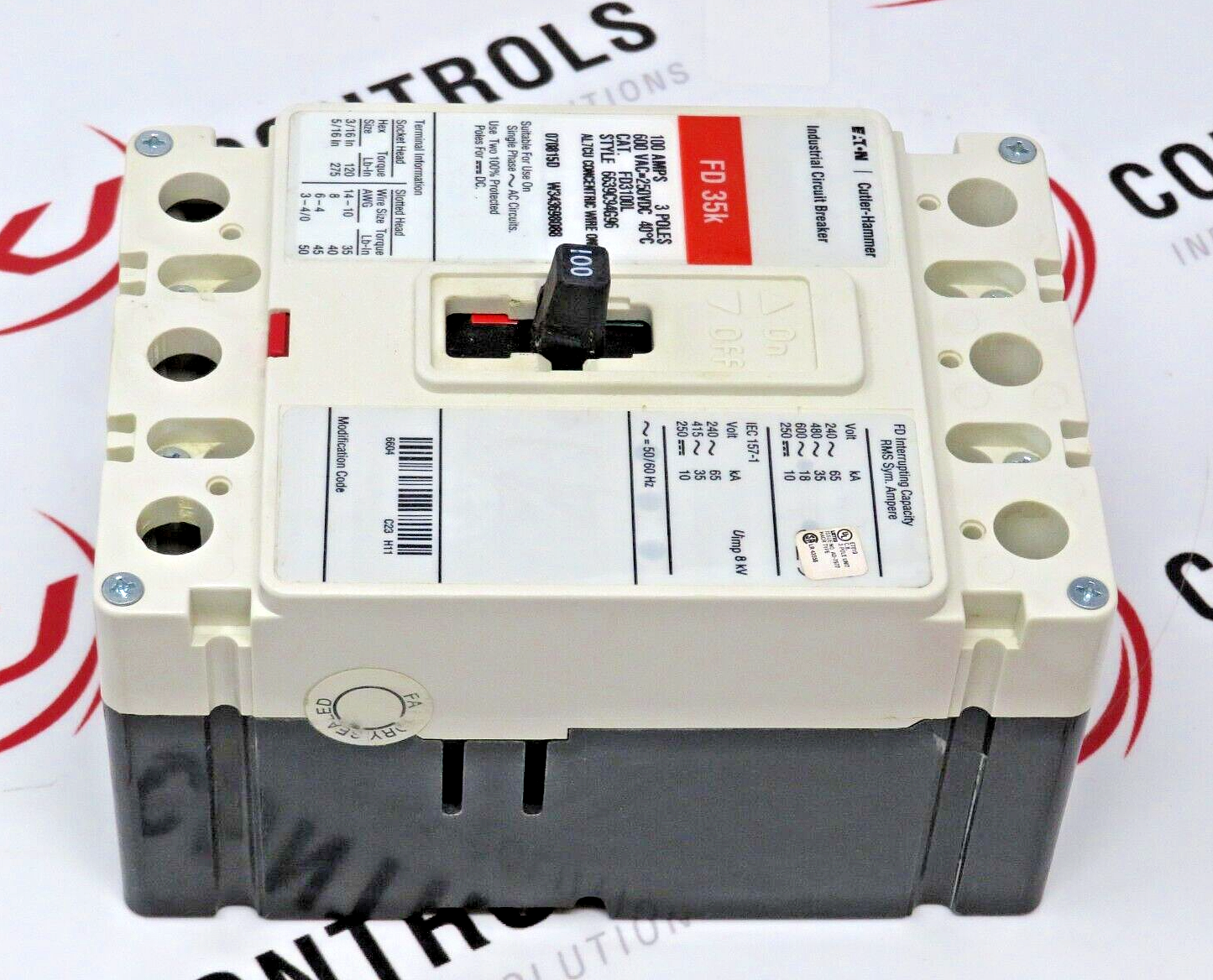 Cutler-Hammer FD3100L 100A 600VAC 3-Pole Thermal Magnetic IND. Circuit Breaker