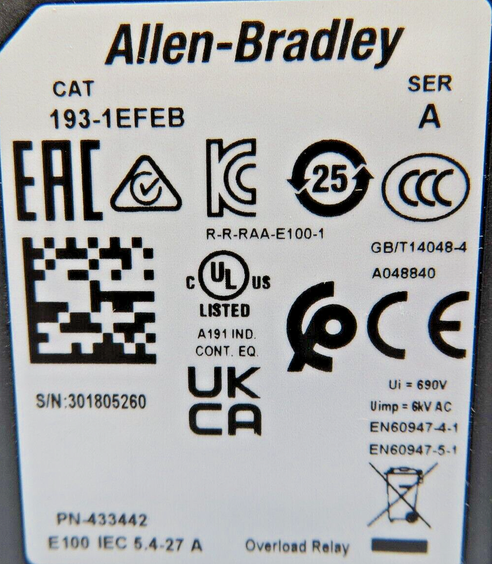 Allen-Bradley 193-1EFEB E100 Series Overload Relay 5.4-27.0A Manual/Auto Reset