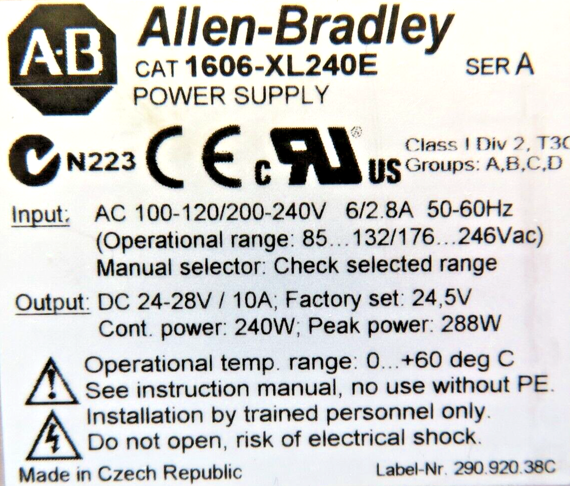 Allen-Bradley 1606-XL240E Power Supply Module DIN Mount 24-28 VDC Output 10A
