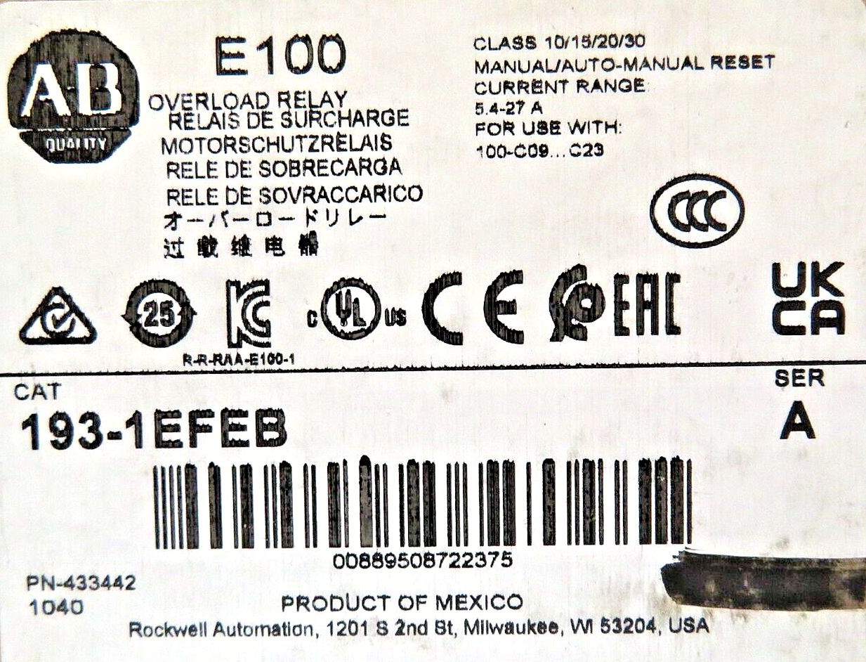 Allen-Bradley 193-1EFEB E100 Series Overload Relay 5.4-27.0A Manual/Auto Reset