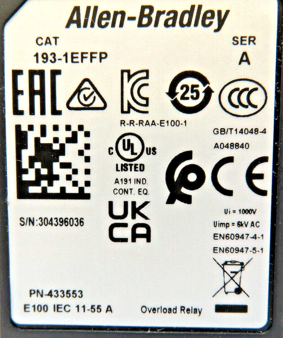 Allen-Bradley 193-1EFFP Electronic Overload Relay 11-55A Trip Class 10/15/20/30