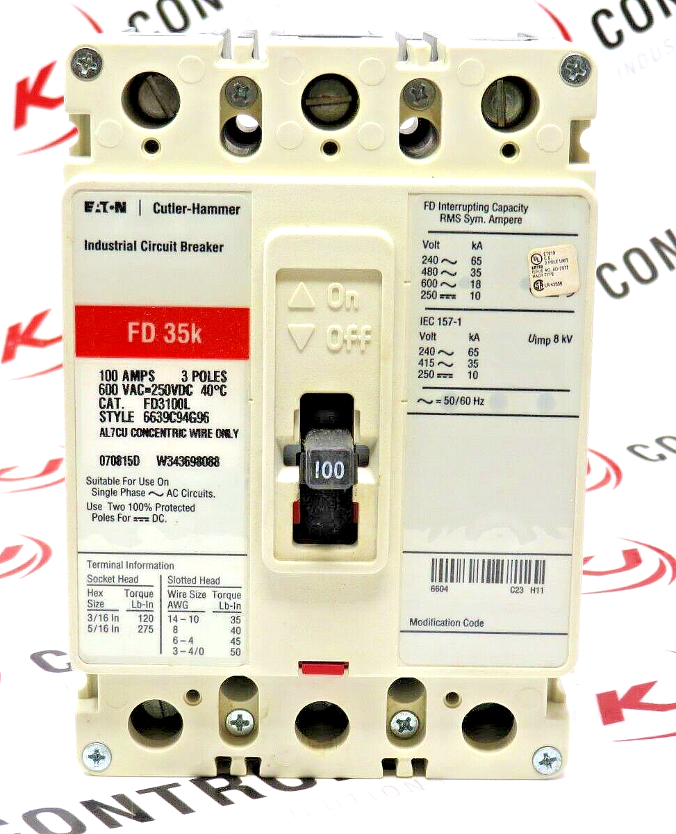 Cutler-Hammer FD3100L 100A 600VAC 3-Pole Thermal Magnetic IND. Circuit Breaker