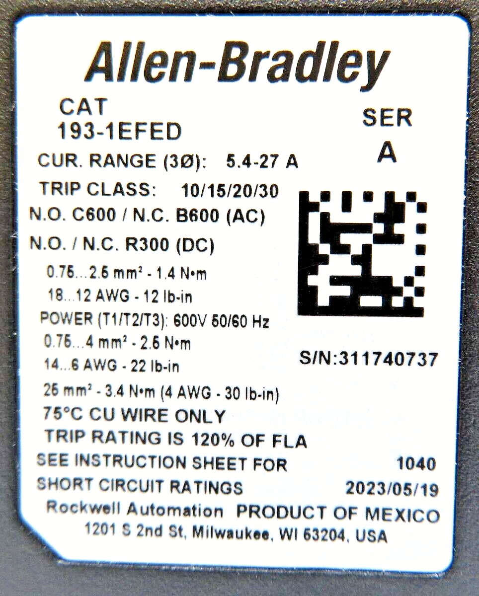 Allen-Bradley 193-1EFED Electronic Overload Relay 5.4-27.0A Class 10/15/20/30