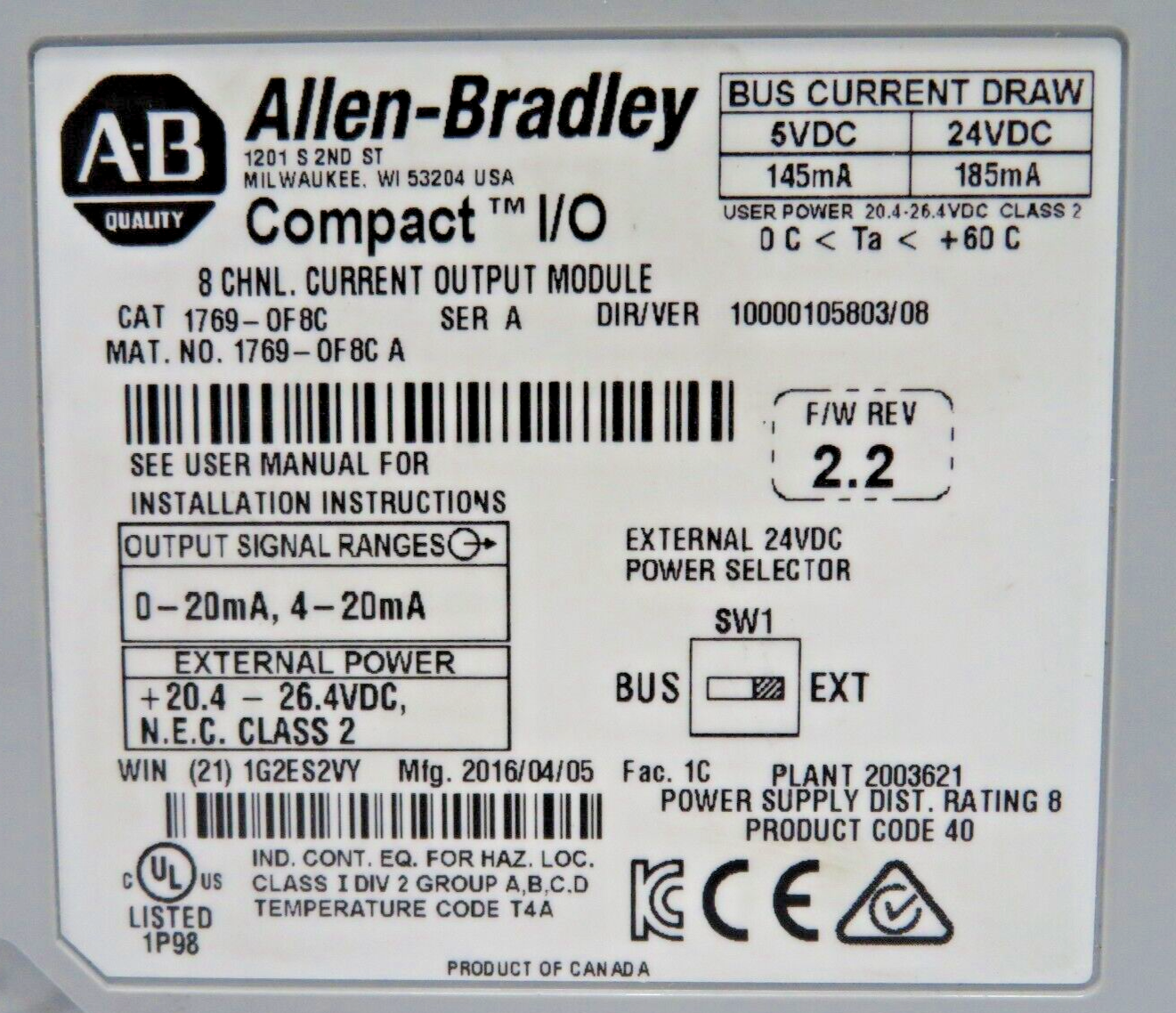 Allen-Bradley 1769-OF8C Compact I/O 8-Channel Current Output Module SER A