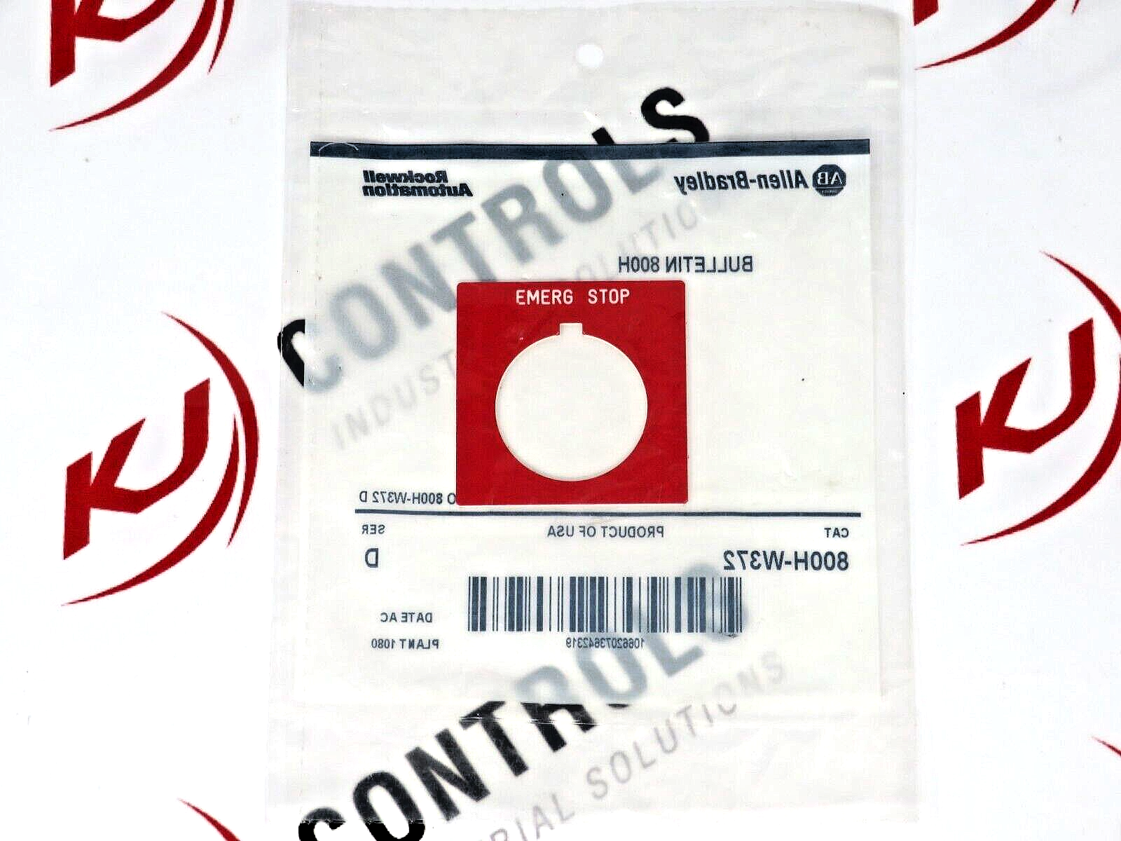 Allen-Bradley 800H-W372 Red Legend Plate "Emerg Stop" for 30mm Push Button