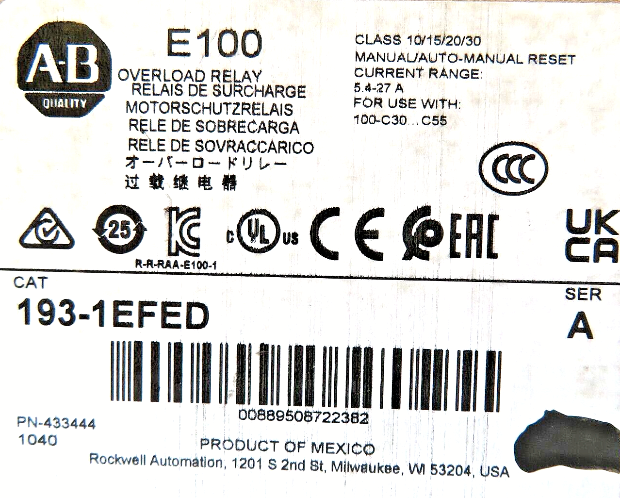 Allen-Bradley 193-1EFED Electronic Overload Relay 5.4-27.0A Class 10/15/20/30