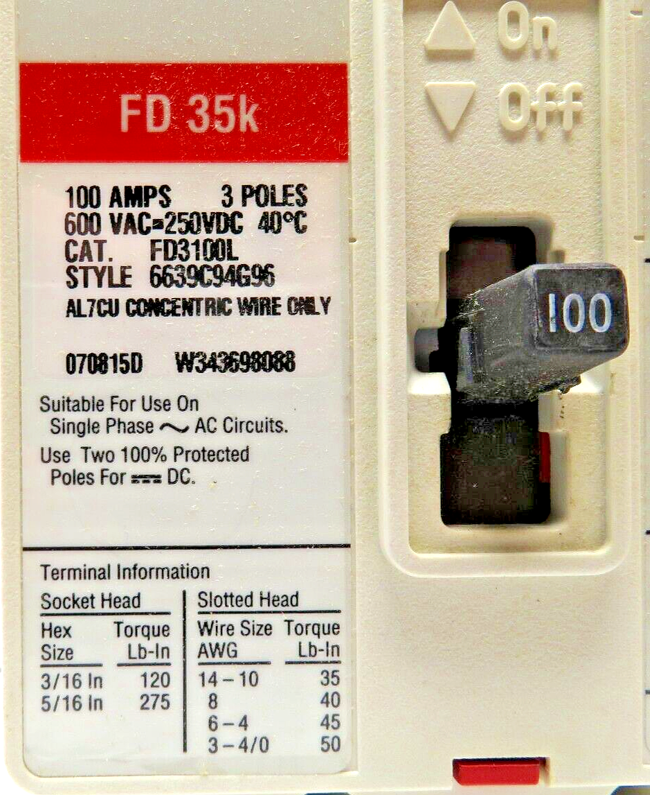 Cutler-Hammer FD3100L 100A 600VAC 3-Pole Thermal Magnetic IND. Circuit Breaker