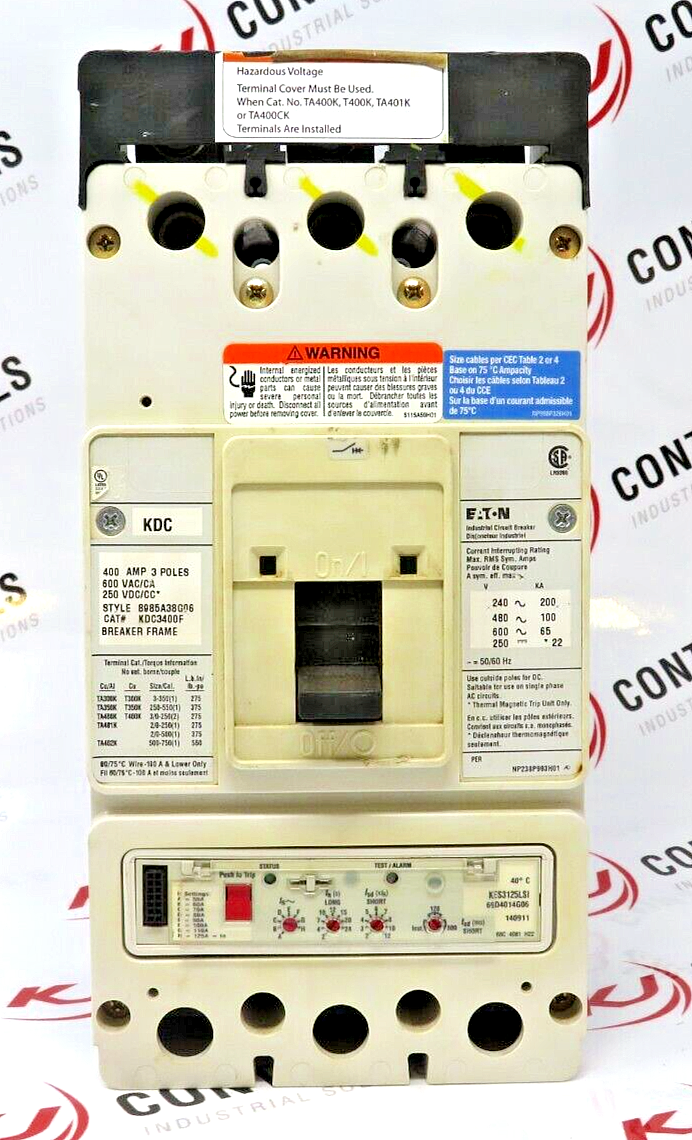 Eaton Molded Case Circuit Breaker KDC3400F 8985A38G06 400 Amp 3-Pole 100kA@480V