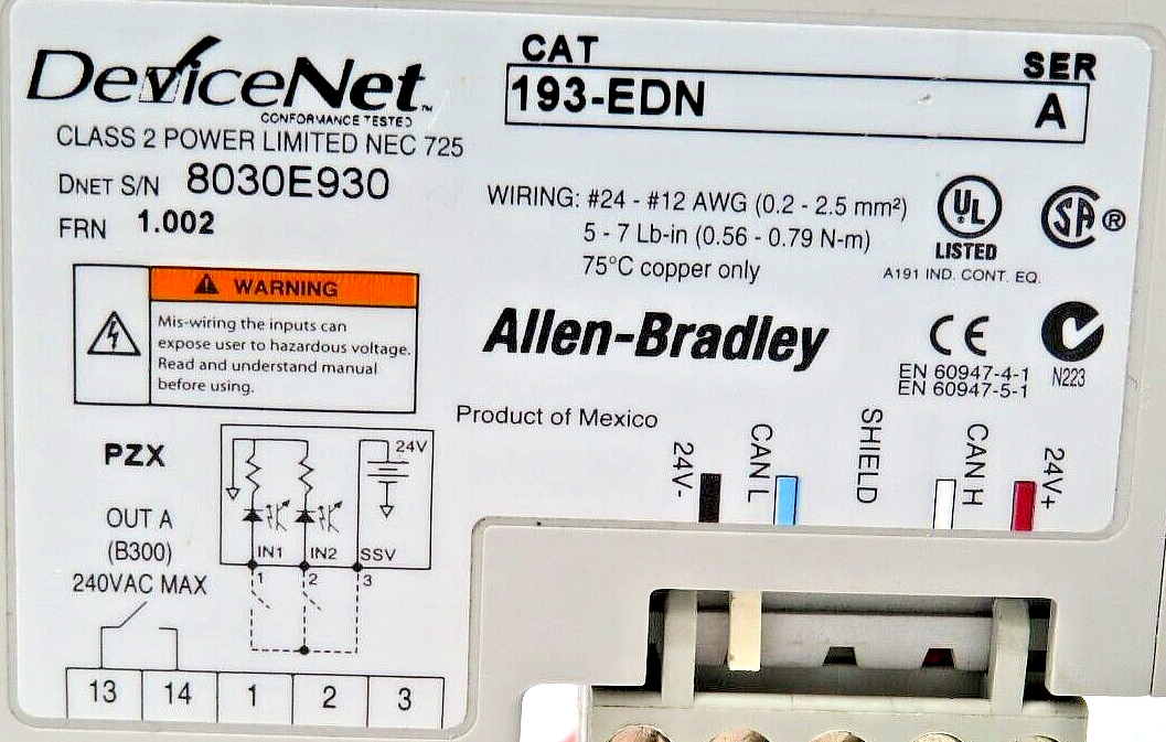 Allen-Bradley 193-EDN E1 Plus DeviceNet Module Side Mount 2-Input 1-Contact Out