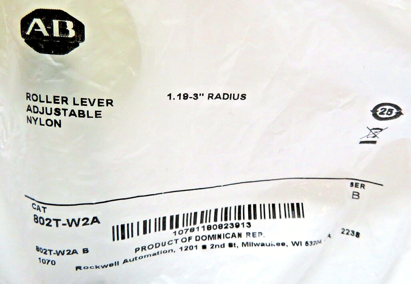 Allen-Bradley 802T-W2A Limit Switch Adjustable Lever With Nylon Roller Series B