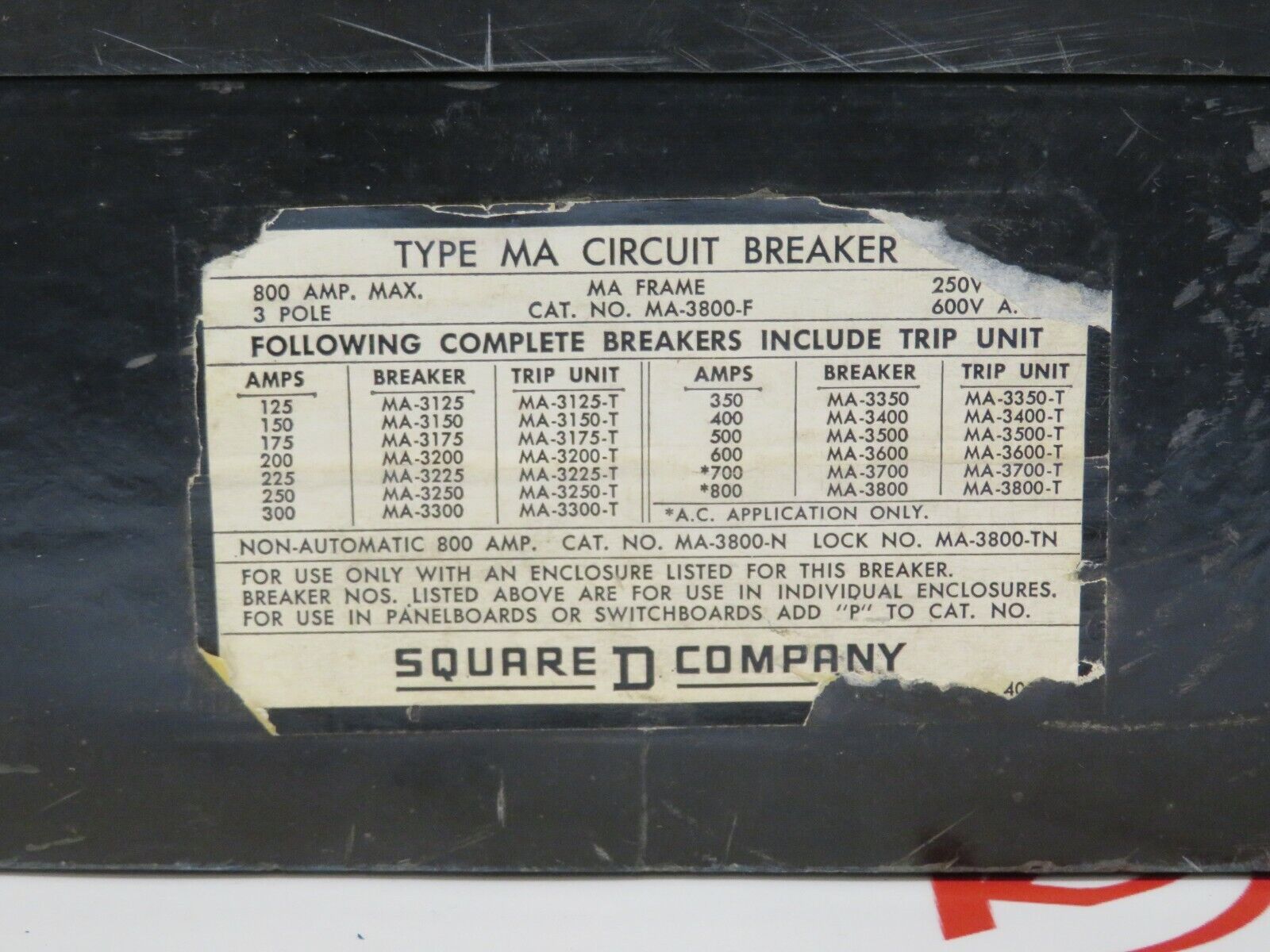 Schneider Square D MA-3800-F Circuit Breaker 800A 3-Pole 600VAC 250VDC