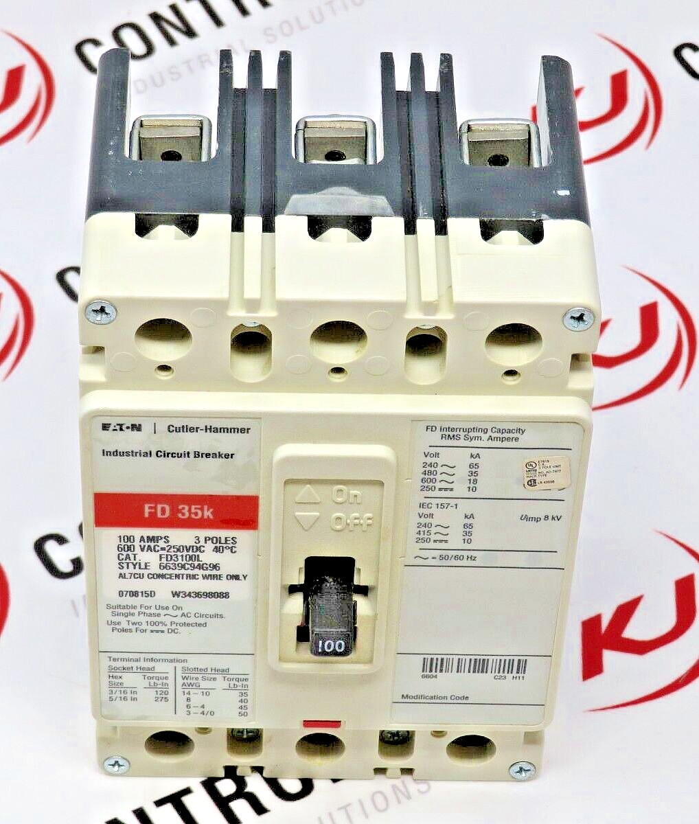 Cutler-Hammer FD3100L 100A 600VAC 3-Pole Thermal Magnetic IND. Circuit Breaker