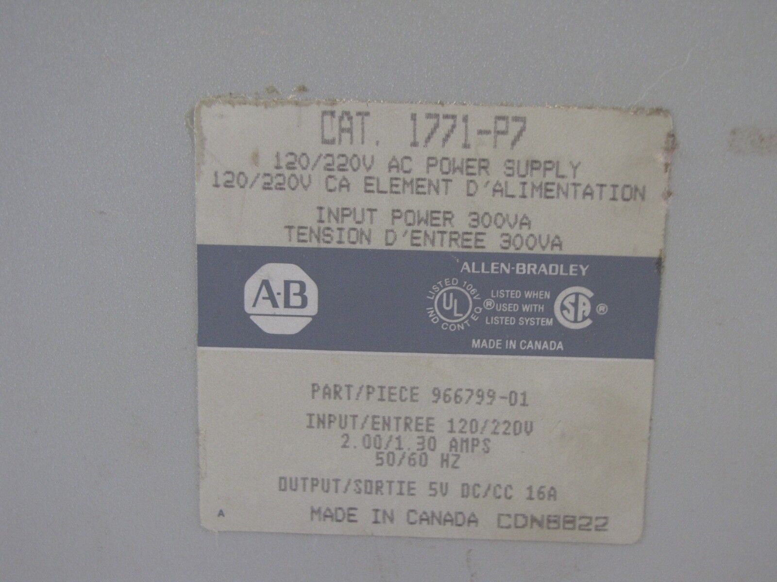 Allen-Bradley 1771-P7 Power Supply Module 5 VDC Out 120/220 VAC 50/60 HZ