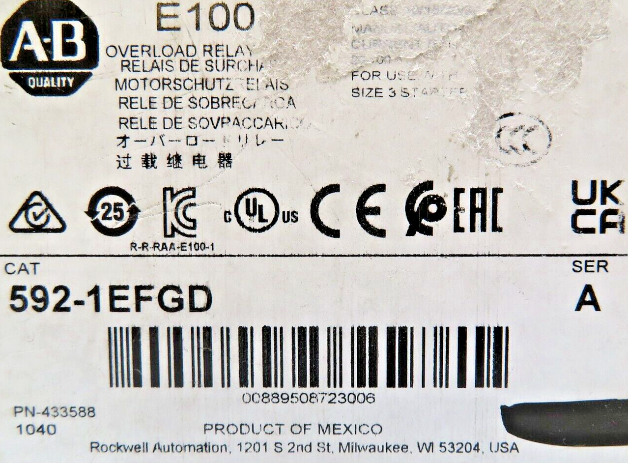 Allen-Bradley 592-1EFGD E100 Overload Relay 20-100A 600V 50/60HZ